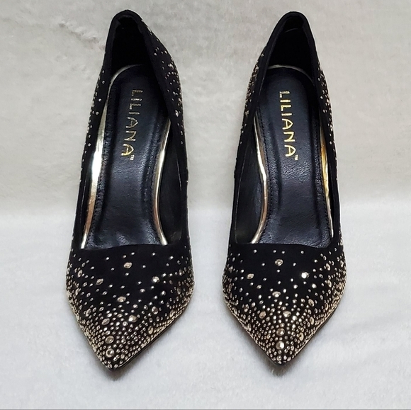 LILIANA Parish 2 Black Gold Studded Pointed Toe 5 Inch Heels Stiletto Pumps 8.5 - Picture 5 of 16